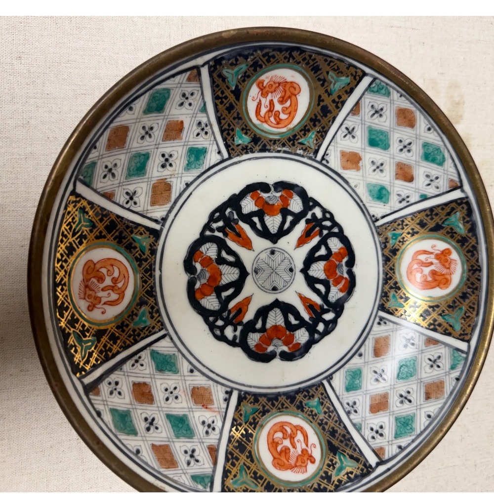 Vintage YT Decorated in Hong Kong Brass Encased Porcelain Imari Style Bowl 6in